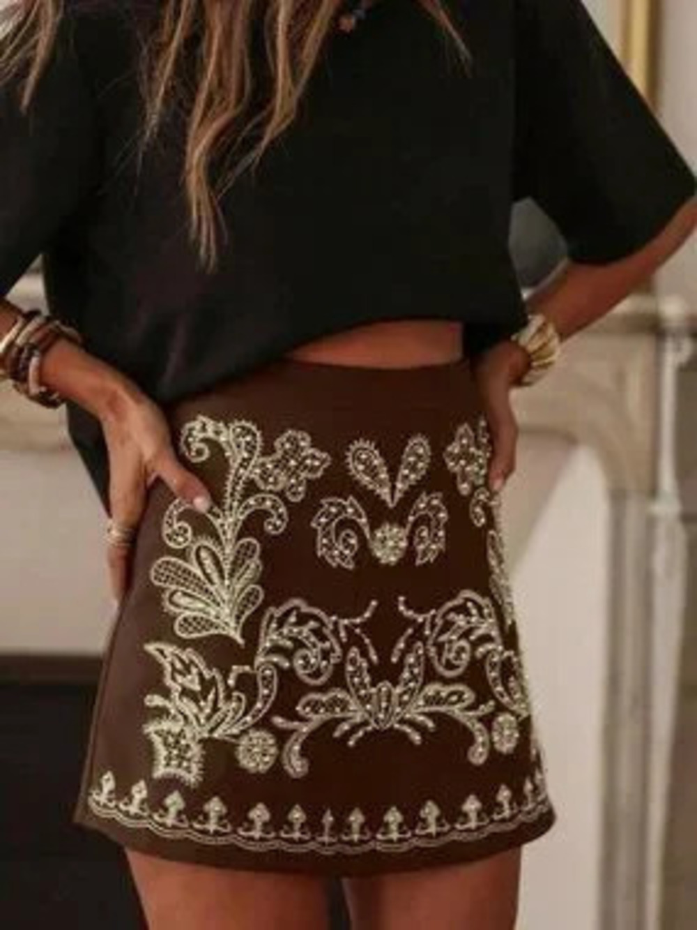Coffee Brown Women's Embroidered Beaded Floral Print Skirt